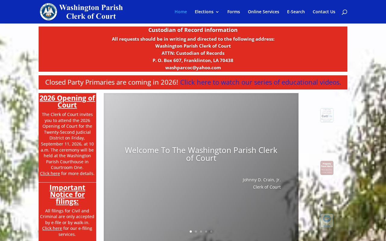 Washington Parish warrant lookup research showing Clerk of Court custodian and written request instructions