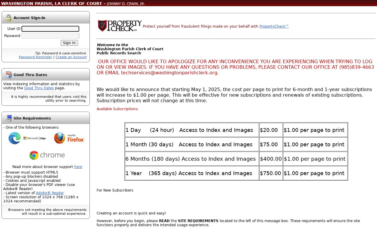 Washington Parish warrant lookup research showing the Clerk of Court online records login screen