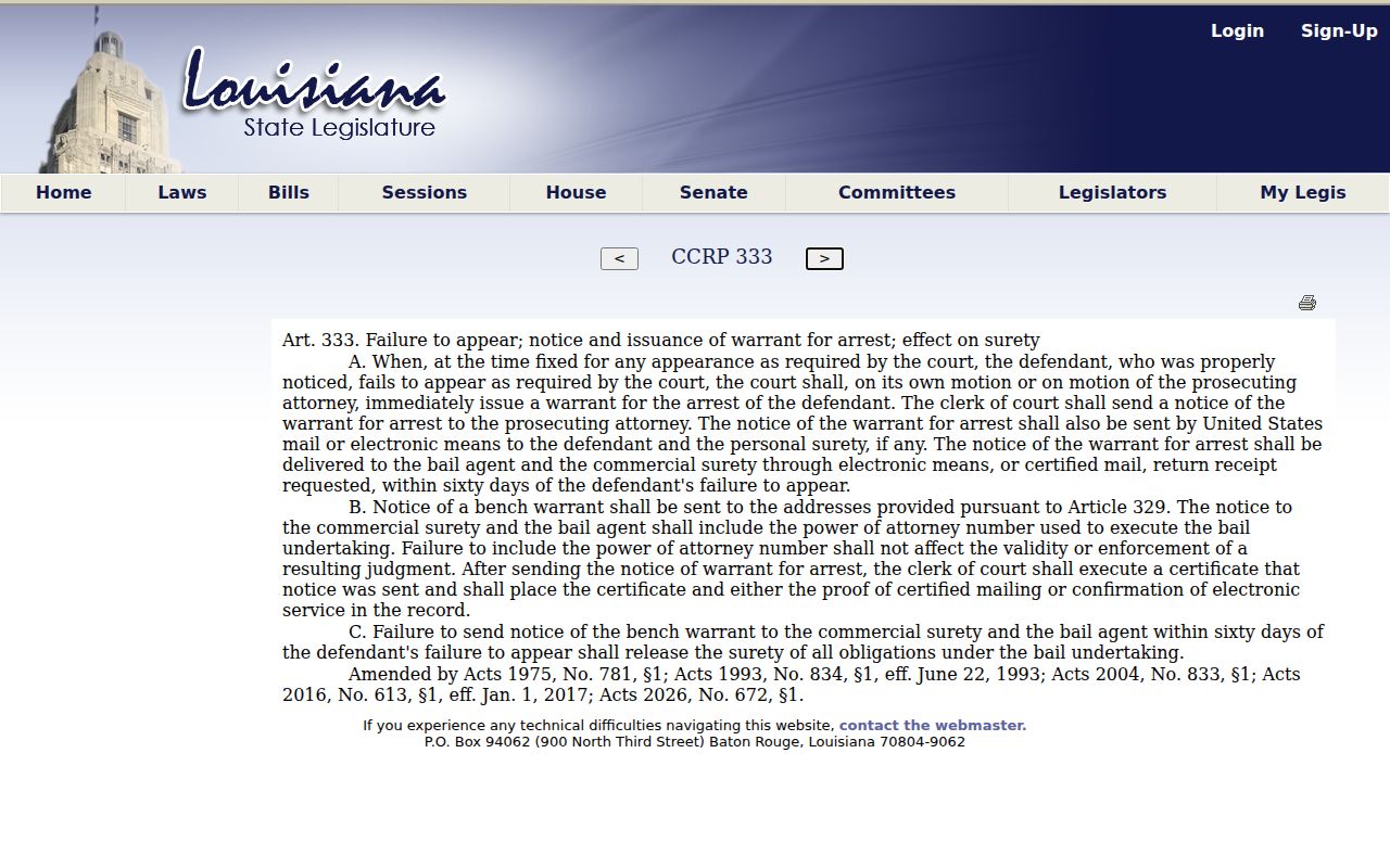 Washington Parish bench warrant search research showing the Article 333 failure to appear framework