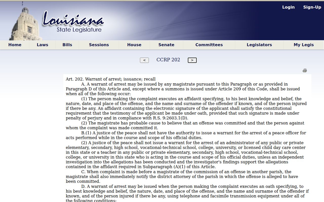 Washington Parish arrest warrant research showing the Article 202 issuance and recall requirements