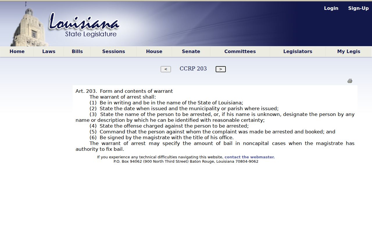 Washington Parish arrest warrant research showing the Article 203 warrant content requirements