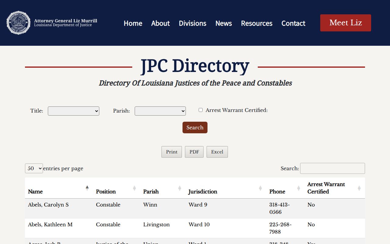 Angie warrant records research showing the justice court directory filters and warrant certification column