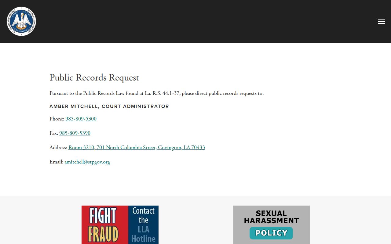 Washington Parish warrant lookup research showing the district court administrator public record request contact
