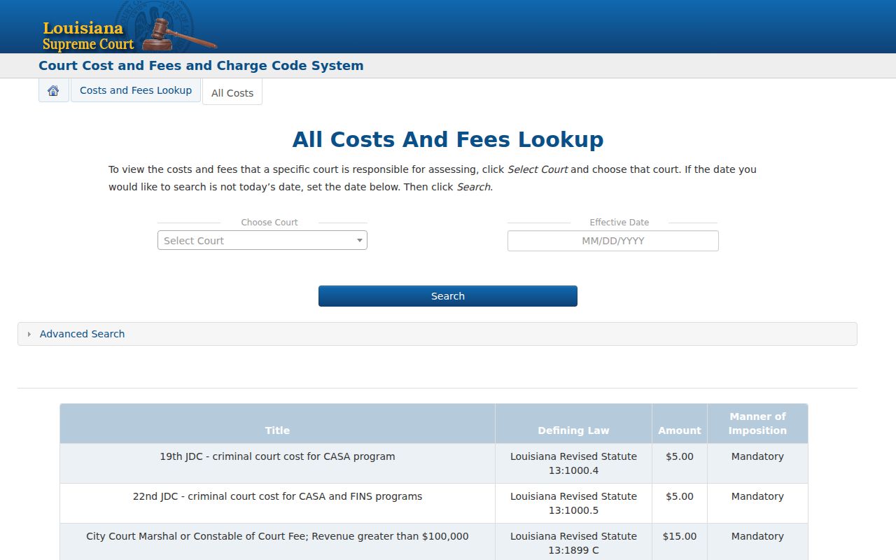 Washington Parish warrant records research showing the Louisiana court-cost search controls